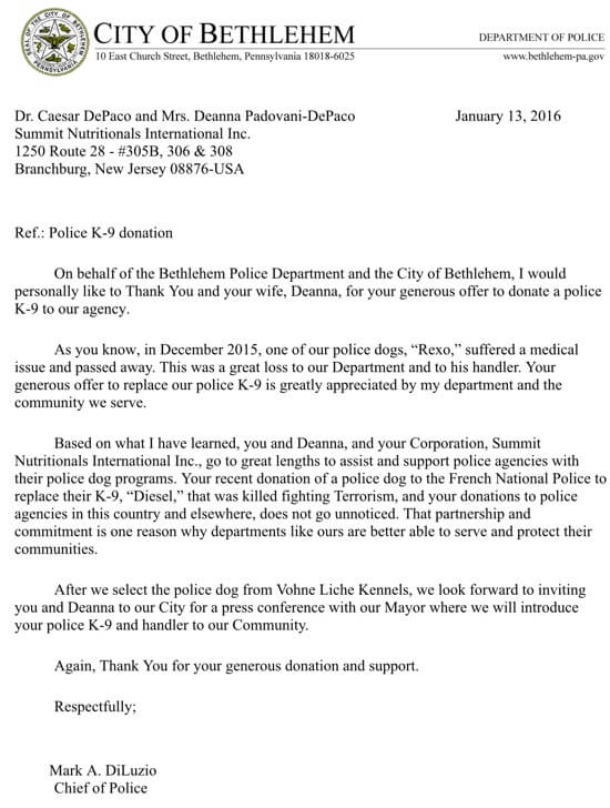 Bethlehem Police Department Thanks Summit Nutritionals International