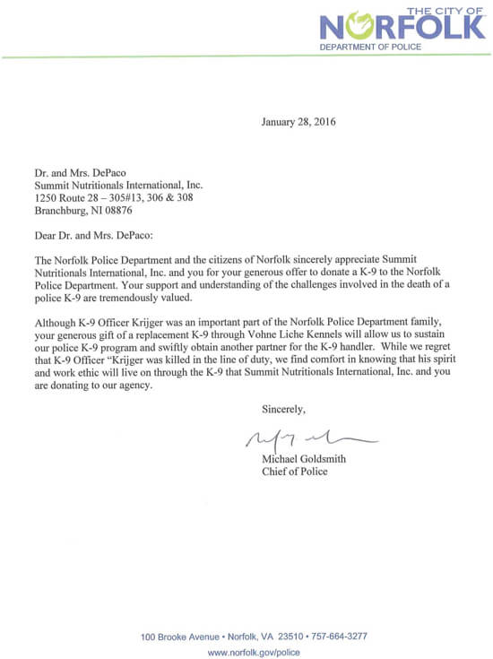 Norfolk Police Department Thanks Summit Nutritioanls International of NJ