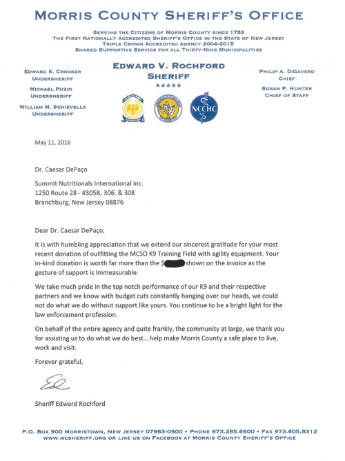 Morris County Sheriffs Office Thanks Summit Nutritionals