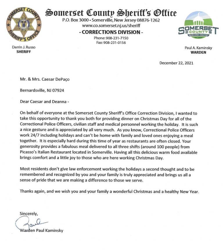 Caesar DePaço Provides Christmas Dinner to Somerset County Corrections Officers